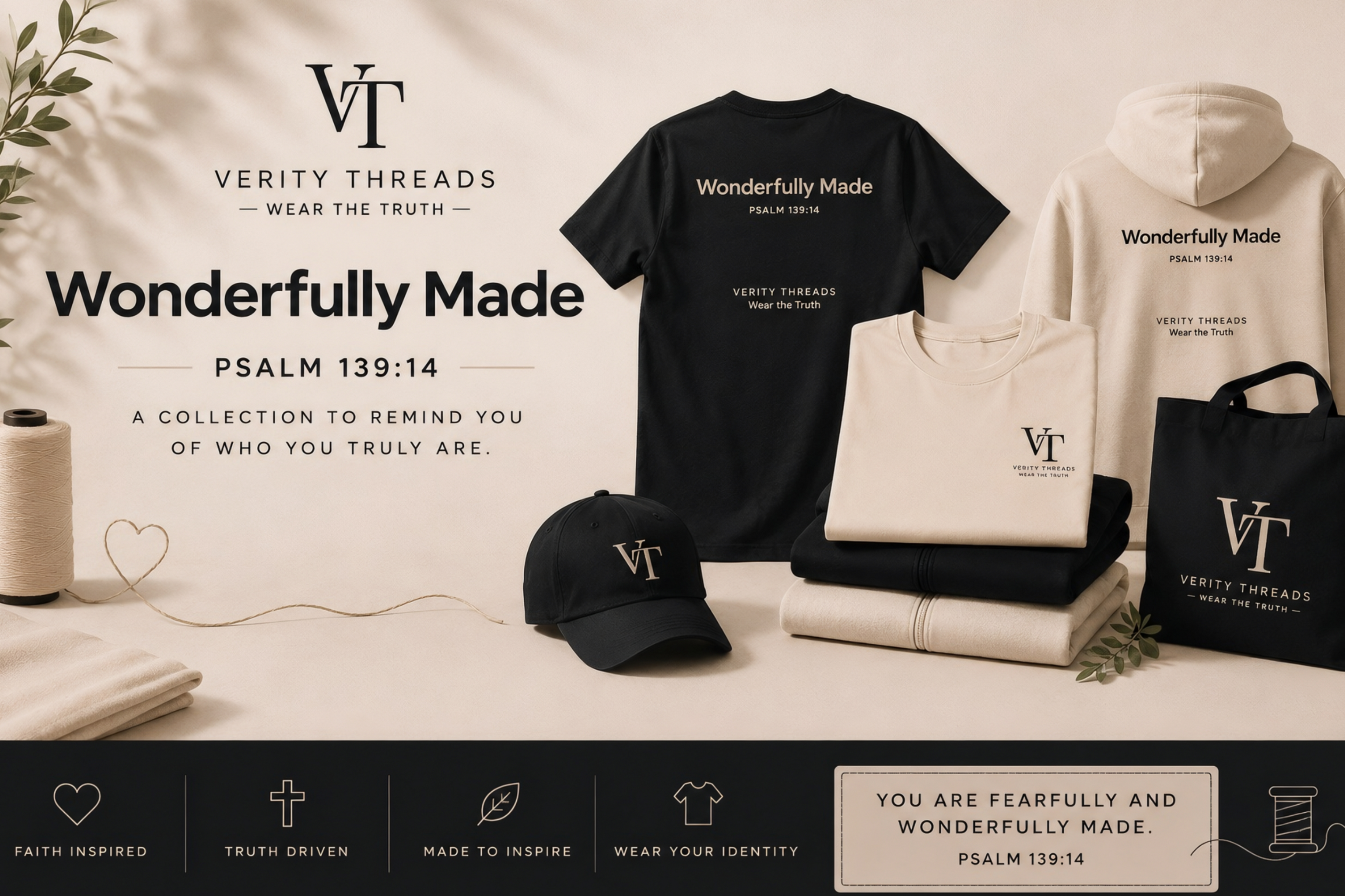 A coordinated apparel collection from Verity Threads featuring a black short-sleeve T-shirt, a cream hoodie, folded cream T-shirts, a black baseball cap, and a black tote bag, all printed or embroidered with the brand's 'VT' logo and the phrase 'Wonderfully Made.' The scene is styled on a warm cream background with thread spools, leaves, and printed text overlays.